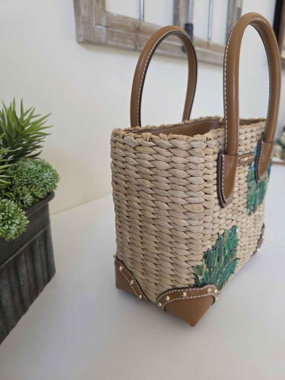 Michael Kors Malibu Straw Crossbody Tote Palm Leaf Embroidery + MK Wristlet - Picture 4 of 15